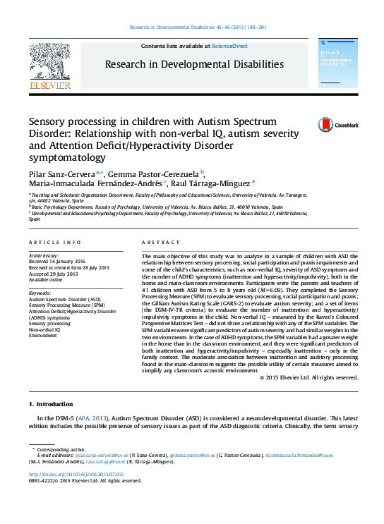 (PDF) Sensory Processing in Children with Autism Spectrum Disorder ...