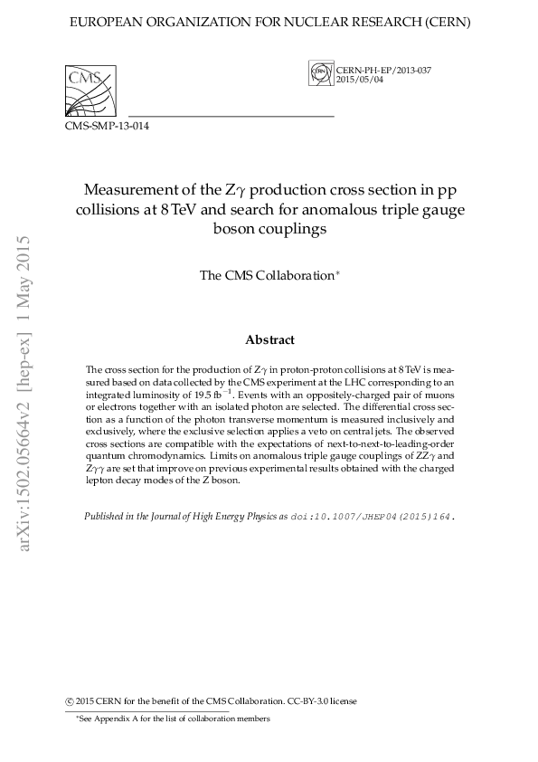 (PDF) Measurement of the Zγ production cross section in pp collisions ...