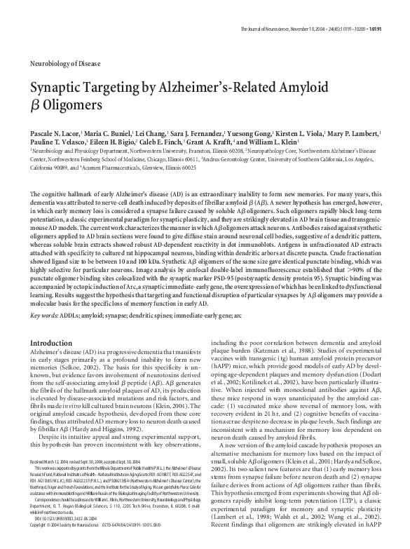 (PDF) Synaptic Targeting by Alzheimer's-Related Amyloid Oligomers