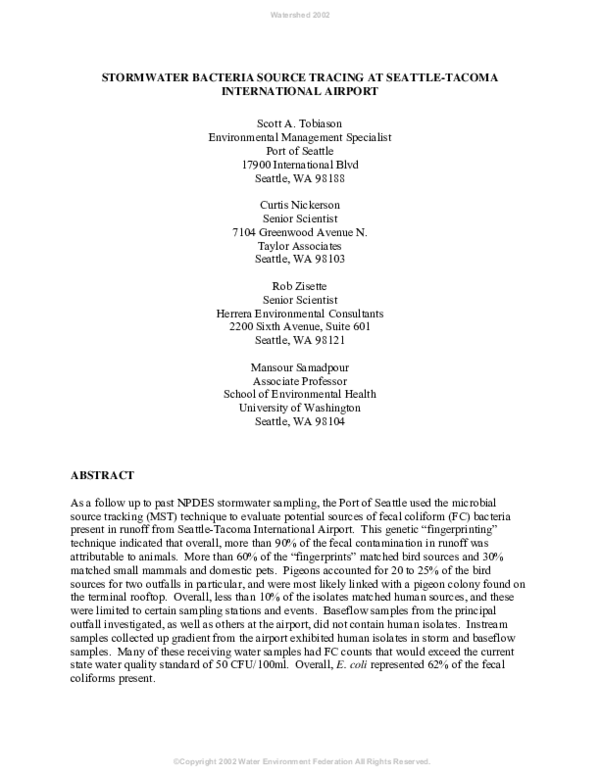 (PDF) Stormwater Bacteria Source Tracing at Seattle-Tacoma ...
