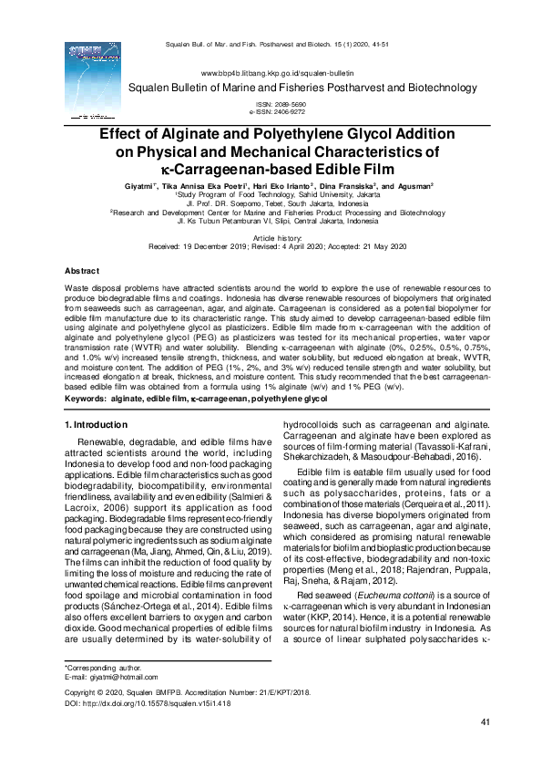 (PDF) Effect of Alginate and Polyethylene Glycol Addition on Physical ...