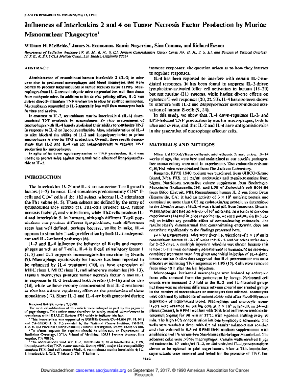 (PDF) Influences of interleukins 2 and 4 on tumor necrosis factor ...