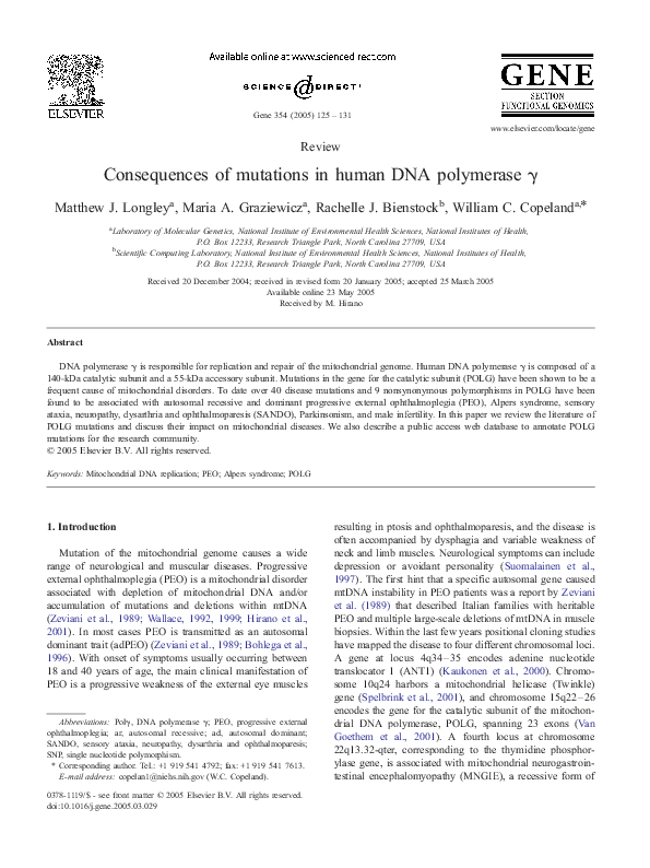 (PDF) Consequences of mutations in human DNA polymerase γ