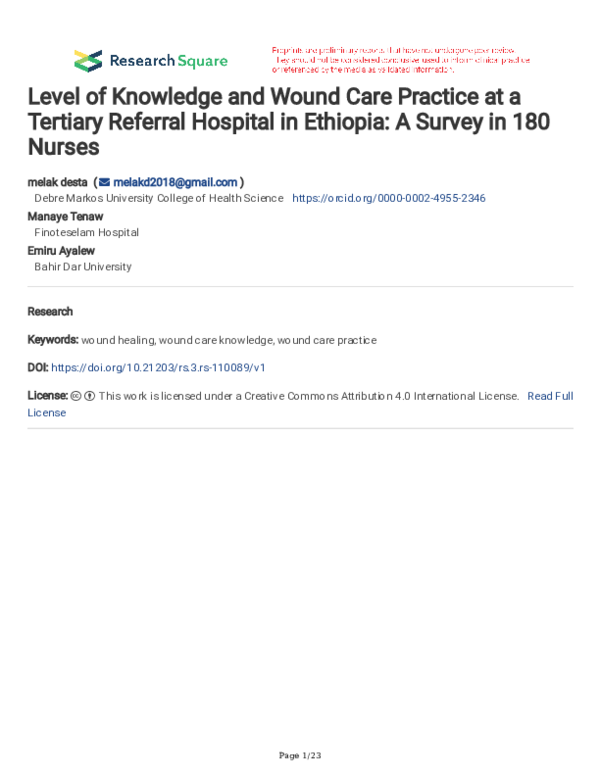 (PDF) Level of Knowledge and Wound Care Practice at a Tertiary Referral ...