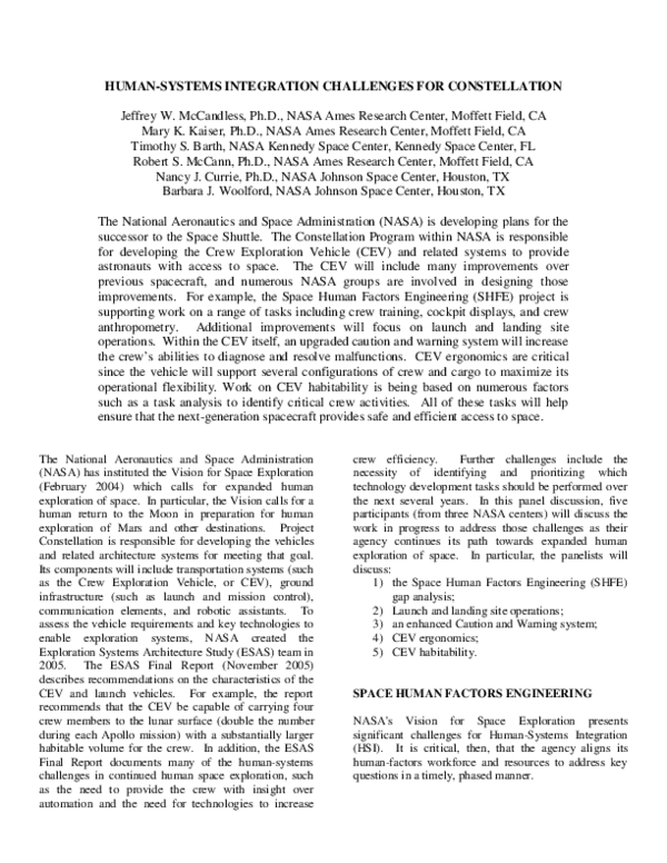 (PDF) Human-systems integration challenges for constellation