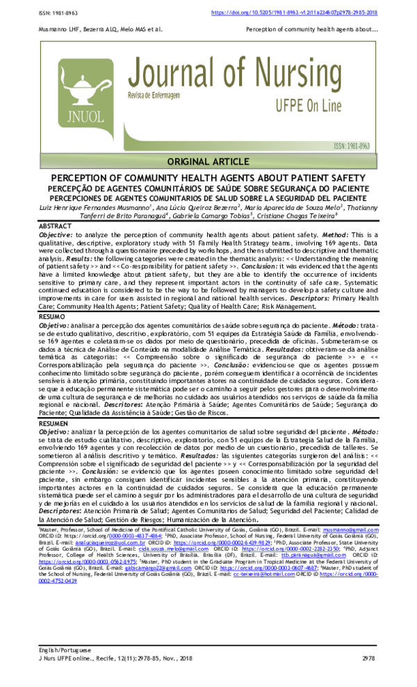 (PDF) Perception of community health agents about patient safety