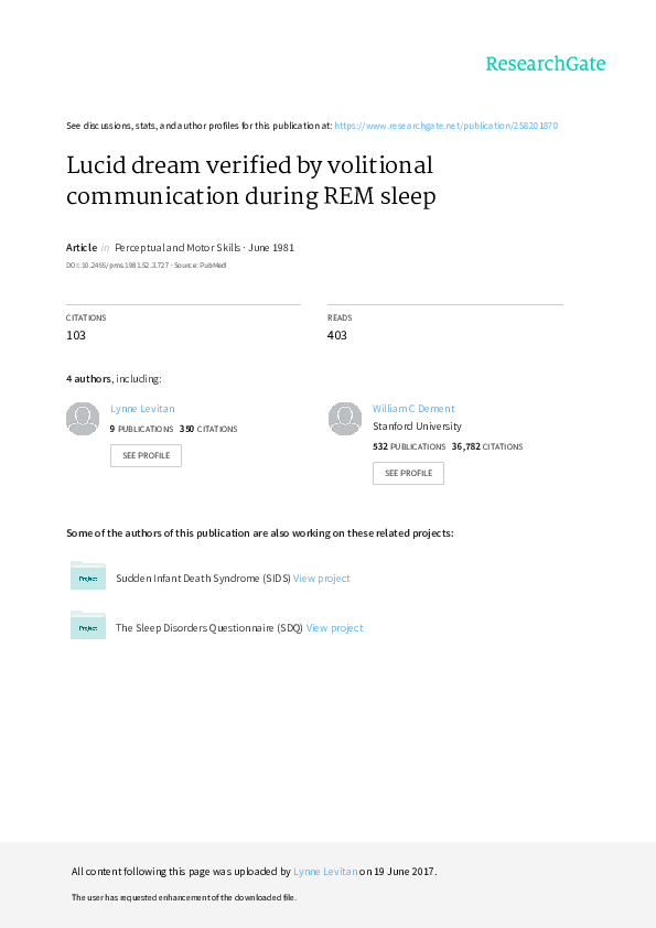 (PDF) Lucid Dreaming Verified by Volitional Communication During Rem Sleep