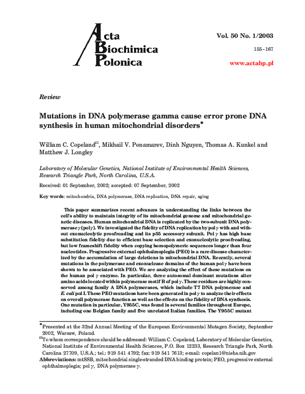 (PDF) Mutations in DNA polymerase gamma cause error prone DNA synthesis ...