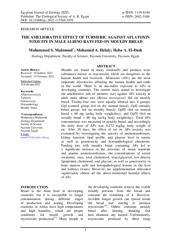 (PDF) The Ameliorative Effect of Turmeric Against Aflatoxin Toxicity in ...