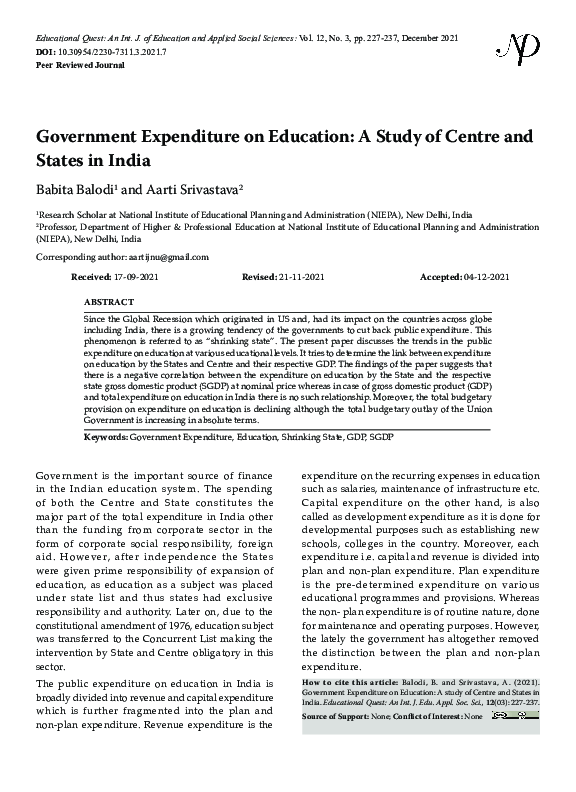 (PDF) Government Expenditure on Education: A Study of Centre and States ...