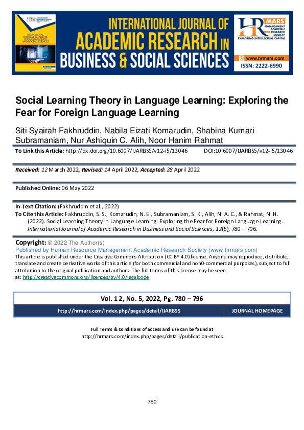 (PDF) Social Learning Theory in Language Learning: Exploring the Fear ...