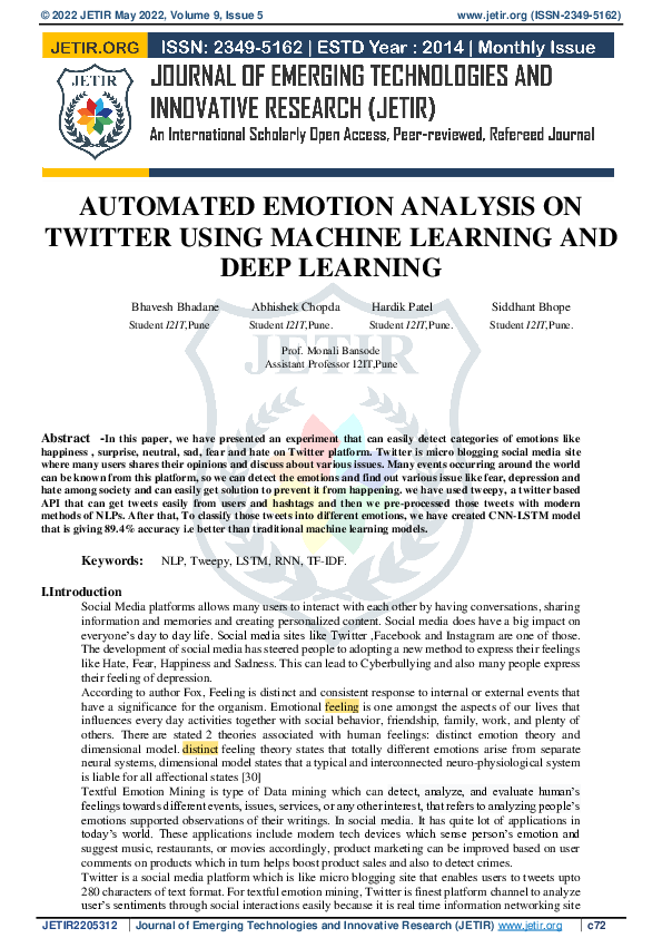 (PDF) AUTOMATED EMOTION ANALYSIS ON TWITTER USING MACHINE LEARNING AND ...