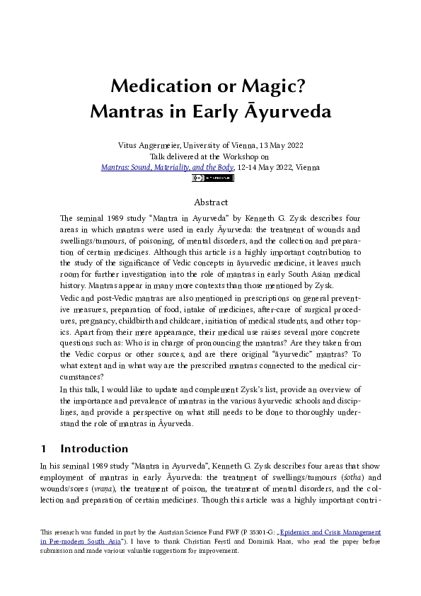 First page of “Medication or Magic? Mantras in Early Āyurveda”