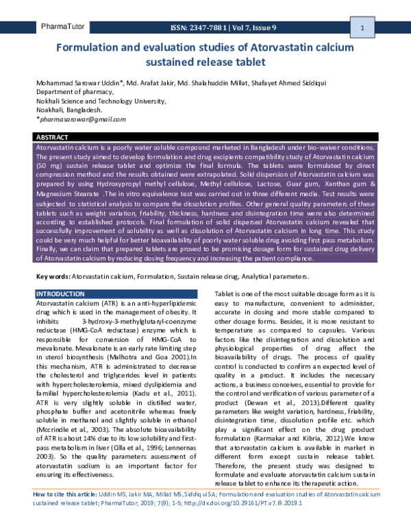 (PDF) Formulation and evaluation studies of Atorvastatin calcium ...