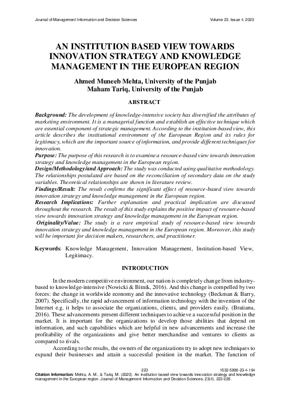 (PDF) An Institution Based View Towards Innovation Strategy and ...