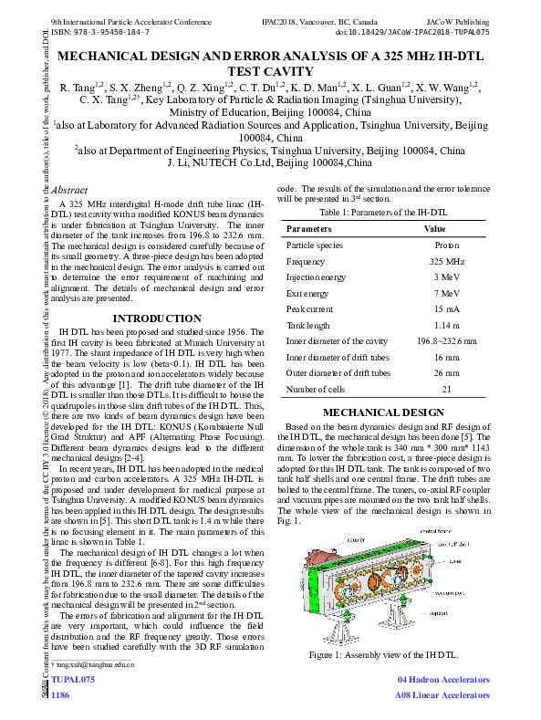 (PDF) Mechanical Design and Error Analysis of a 325 MHz IH-DTL Test Cavity
