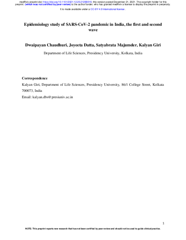 (PDF) Epidemiology study of SARS-CoV-2 pandemic in India, the first and ...