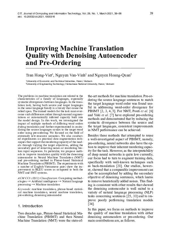 (PDF) Improving Machine Translation Quality with Denoising Autoencoder ...