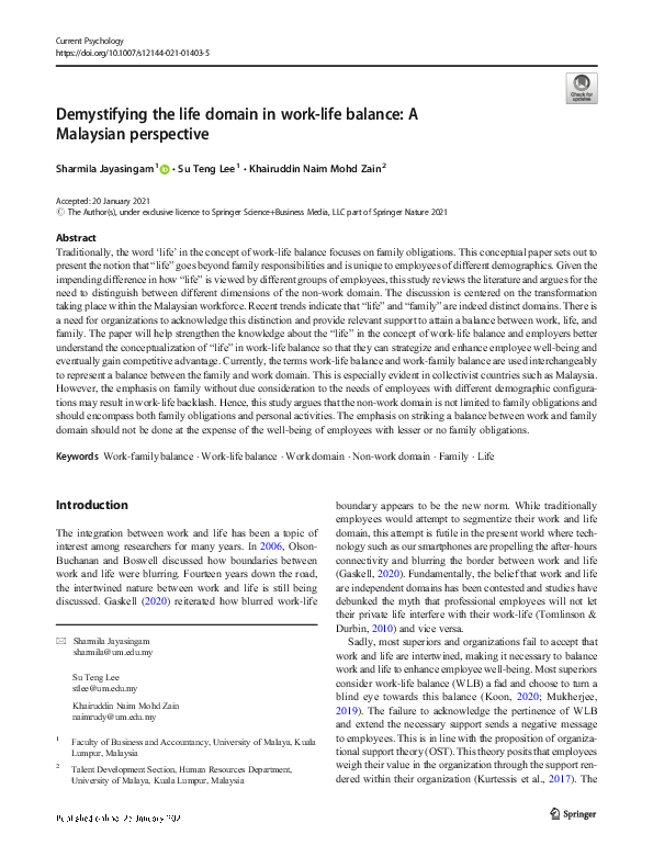 (PDF) Demystifying the life domain in work-life balance: A Malaysian ...