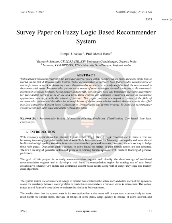 (PDF) Survey Paper on Fuzzy Logic Based Recommended System