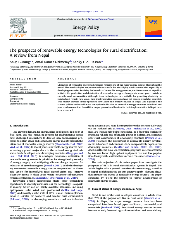 (PDF) The prospects of renewable energy technologies for rural ...