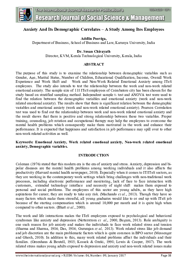 ANXIETY AND ITS DEMOGRAPHIC CORRELATES – A STUDY AMONG ITeS EMPLOYEES
