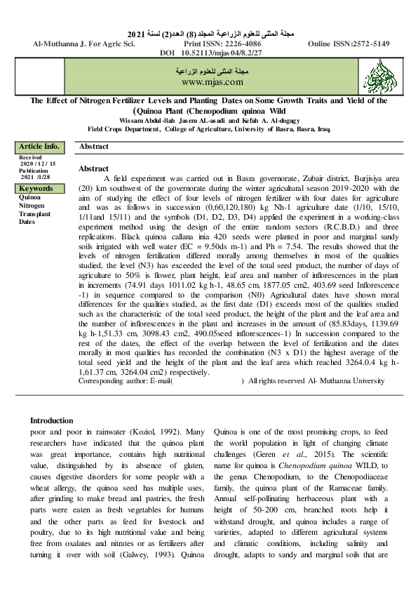 (PDF) The Effect of Nitrogen Fertilizer Levels and Planting Dates on ...