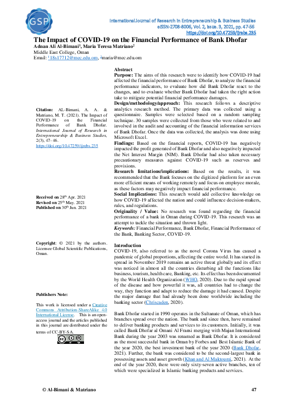 (PDF) The Impact of COVID-19 on the Financial Performance of Bank Dhofar