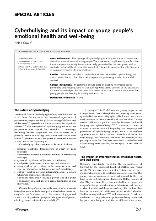 (PDF) Cyberbullying and its impact on young people's emotional health ...