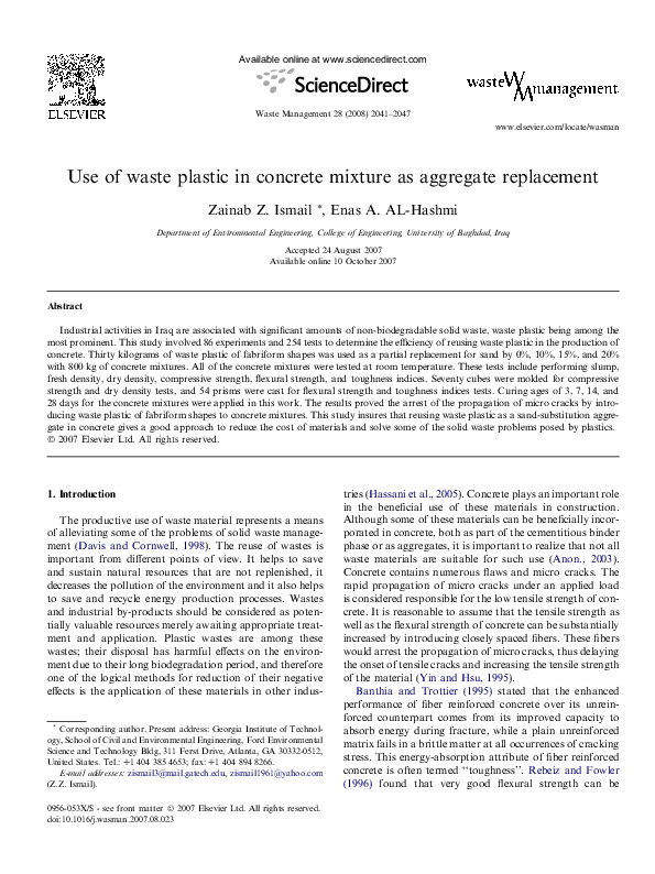 (PDF) Use of waste plastic in concrete mixture as aggregate replacement