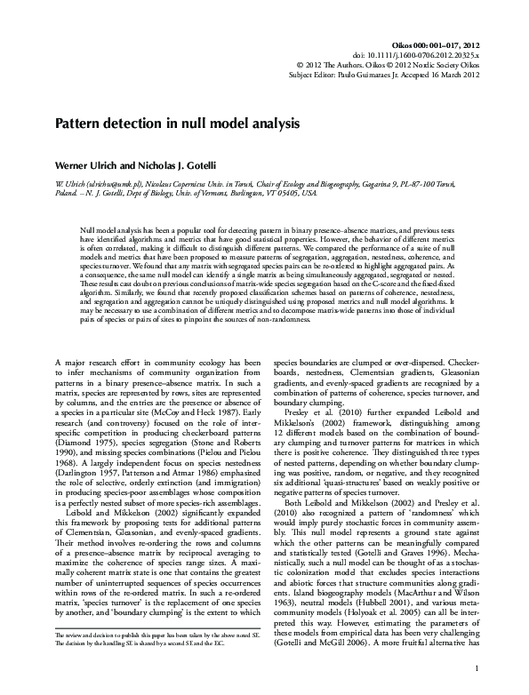 (PDF) 1Pattern detection in null model analysis Werner Ulrich