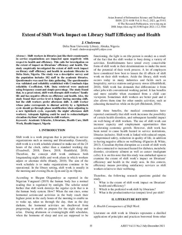 (PDF) Extent of Shift Work Impact on Library Staff Efficiency and Health