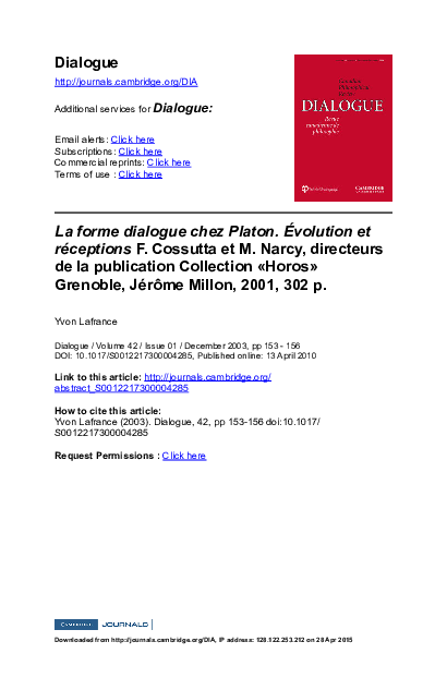 (PDF) La forme dialogue chez Platon : évolution et réceptions