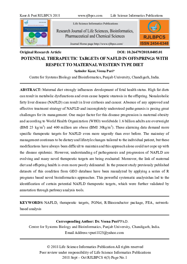 (PDF) Potential Therapeutic Targets of Nafld in Offsprings with Respect ...