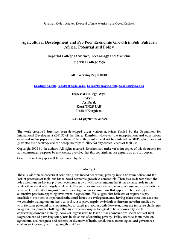 (PDF) Agricultural development and pro‐poor economic growth in sub ...