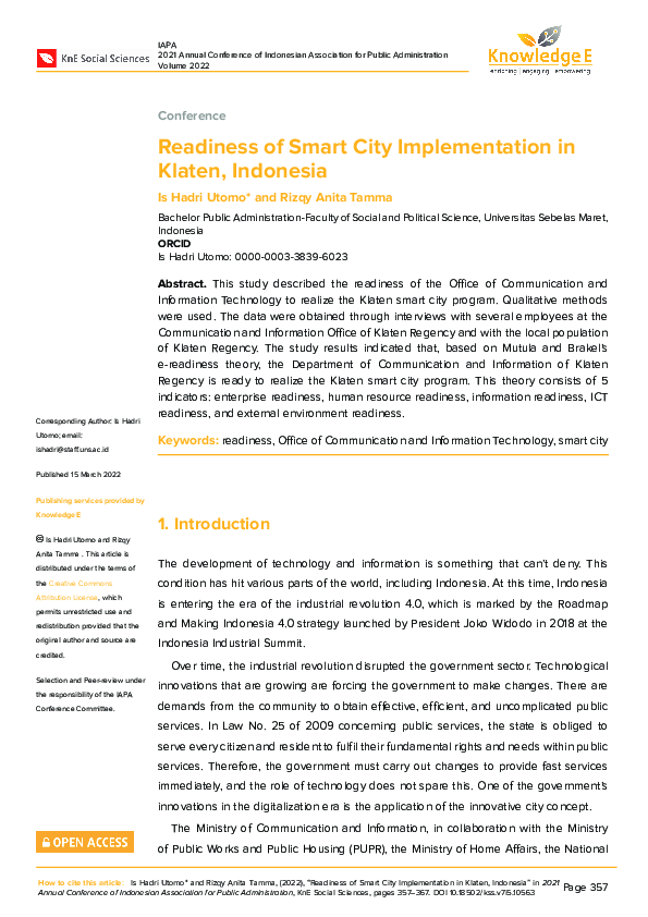 (PDF) Readiness of Smart City Implementation in Klaten, Indonesia