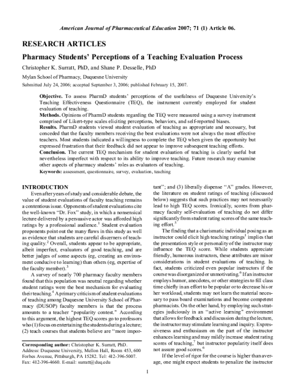 (PDF) Pharmacy Students' Perceptions of a Teaching Evaluation Process