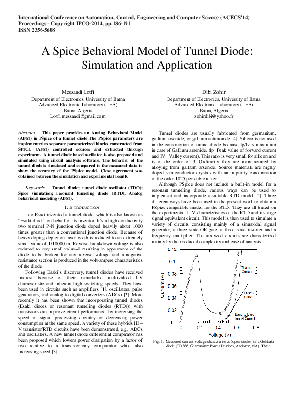 (PDF) A Spice Behavioral Model of Tunnel Diode: Simulation and Application