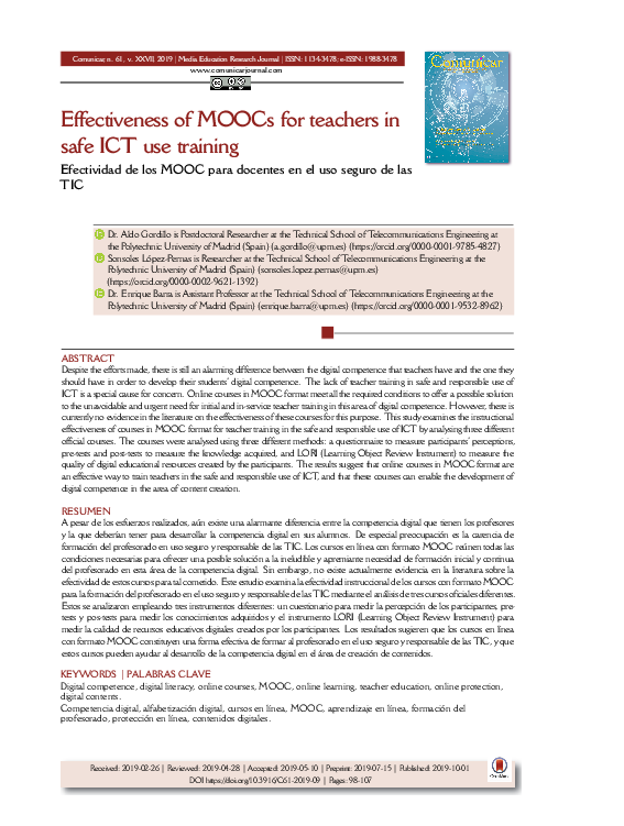 (PDF) Effectiveness of MOOCs for teachers in safe ICT use training