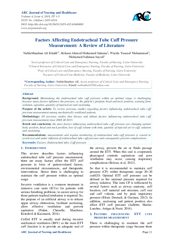 (PDF) Factors Affecting Endotracheal Tube Cuff Pressure Measurement: A ...