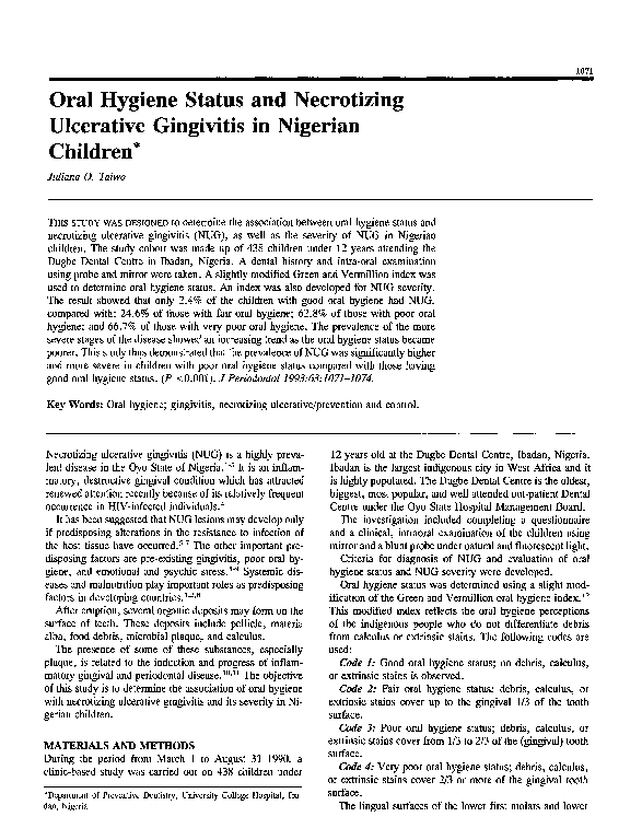 (PDF) Oral Hygiene Status and Necrotizing Ulcerative Gingivitis in ...