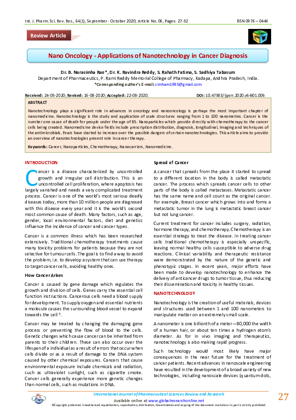 (PDF) Nano Oncology - Applications of Nanotechnology in Cancer Diagnosis