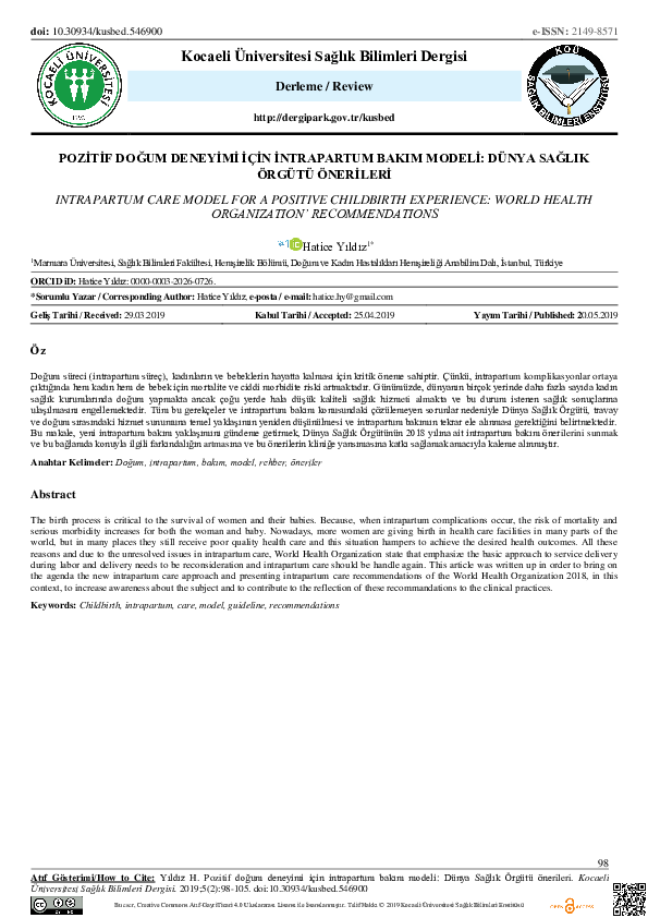 (PDF) Intrapartum Care Model For A Positive Childbirth Experience ...