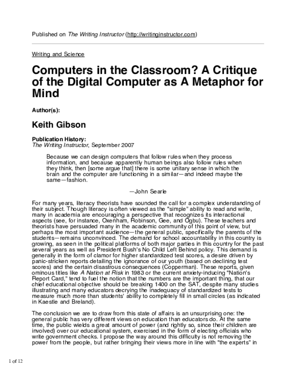 (PDF) Computers In the Classroom? A Critique of the Digital Computer As ...