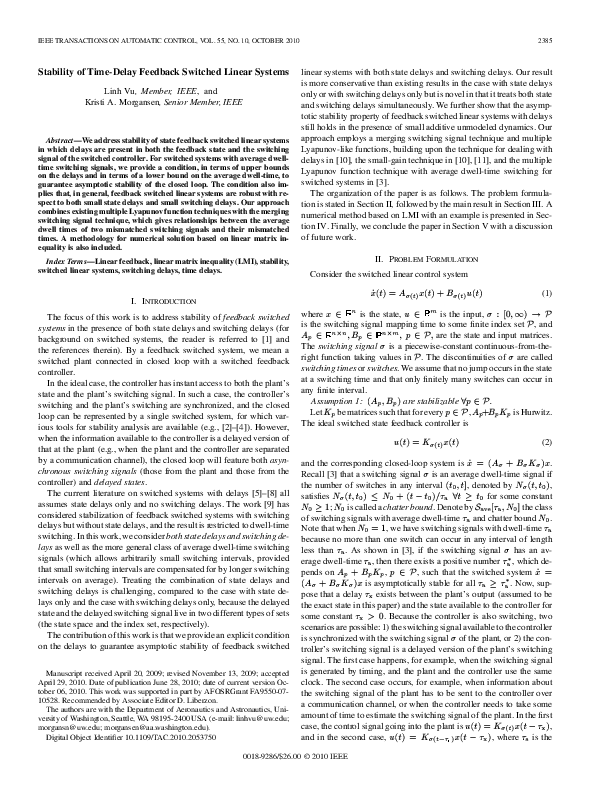 (PDF) Stability of Time-Delay Feedback Switched Linear Systems