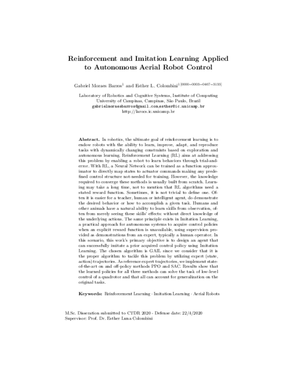 (PDF) Reinforcement and Imitation Learning Applied to Autonomous Aerial ...