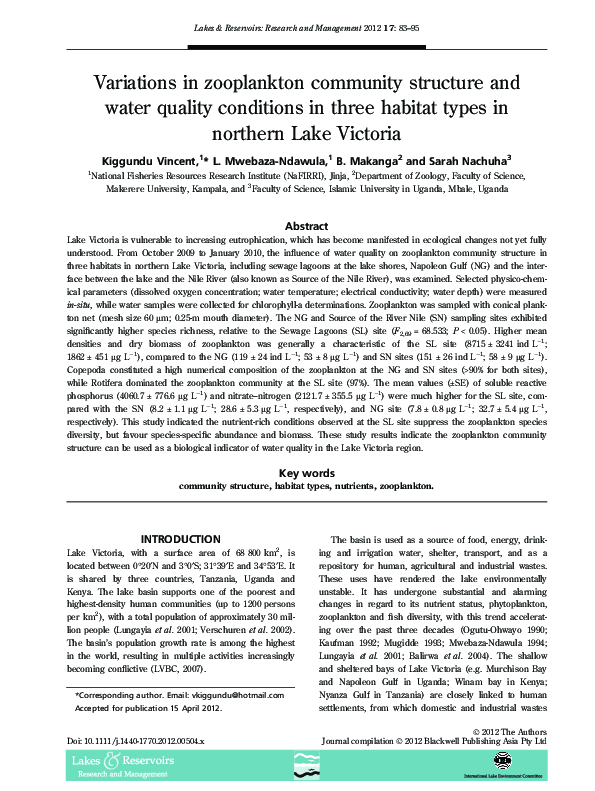 (PDF) Variations in zooplankton community structure and water quality ...