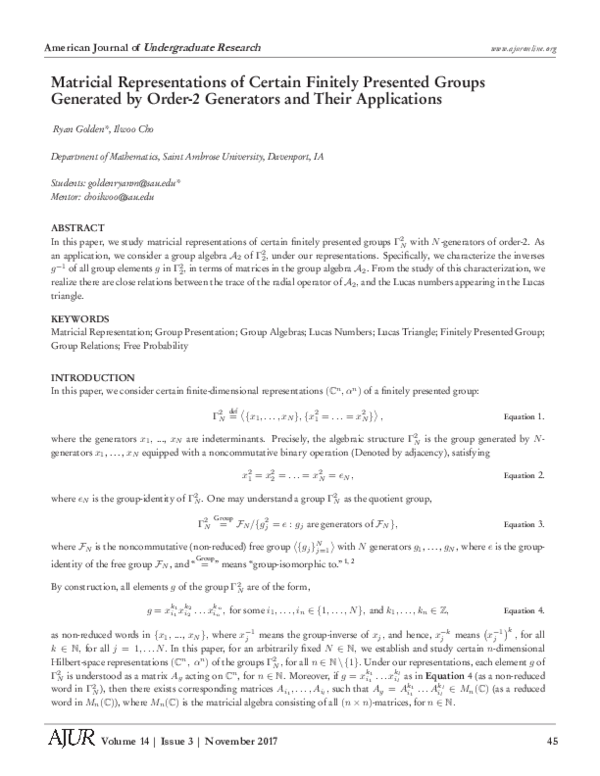 (PDF) Matricial Representations of Certain Finitely Presented Groups ...