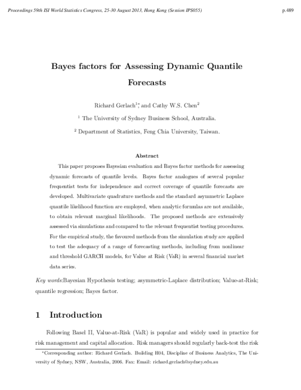 (PDF) Bayes factors for Assessing Dynamic Quantile Forecasts