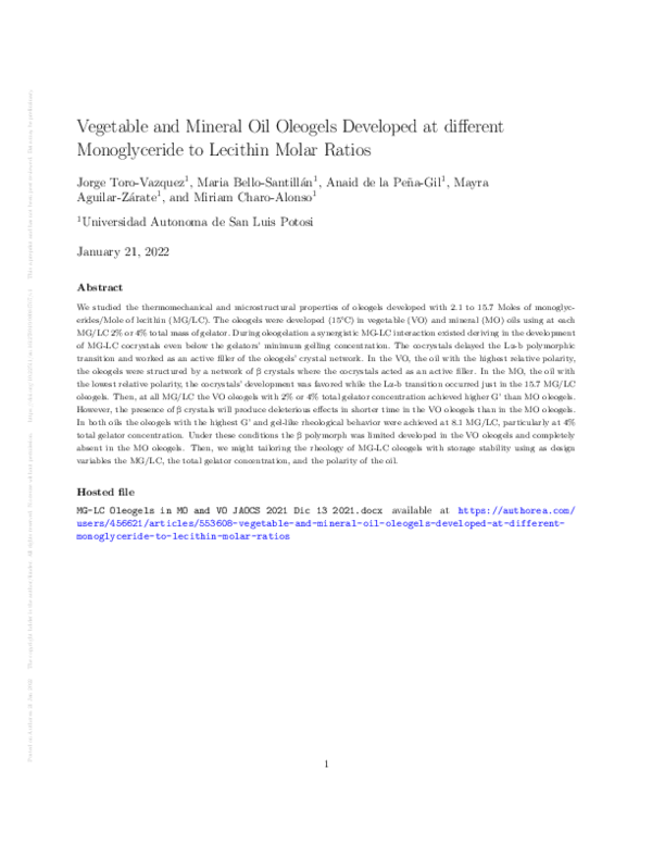 (PDF) Vegetable and Mineral Oil Oleogels Developed at different